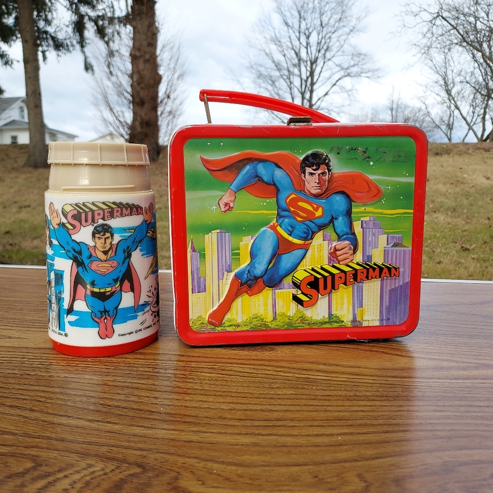 1978 RARE Vintage Aladdin Embossed Superman Clark Kent Metal Lunchbox w/ Thermos